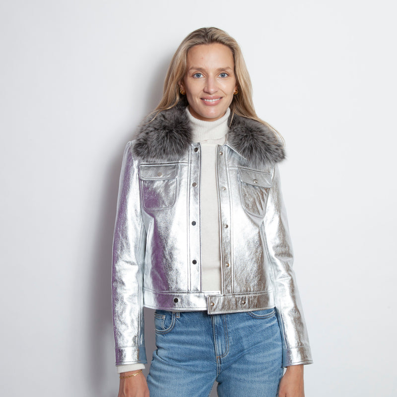 Metallic Nappa Silver Jean Jacket with Removable Collar