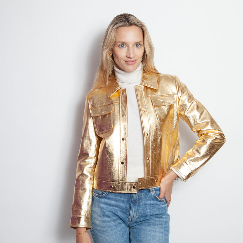 Metallic Nappa Gold Jean Jacket with Removable Collar