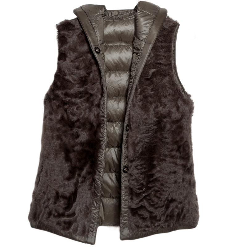 Reversible Hooded Down Vest with Tibetan Lamb