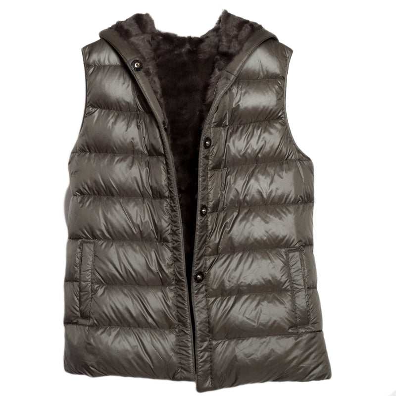 Reversible Hooded Down Vest with Tibetan Lamb