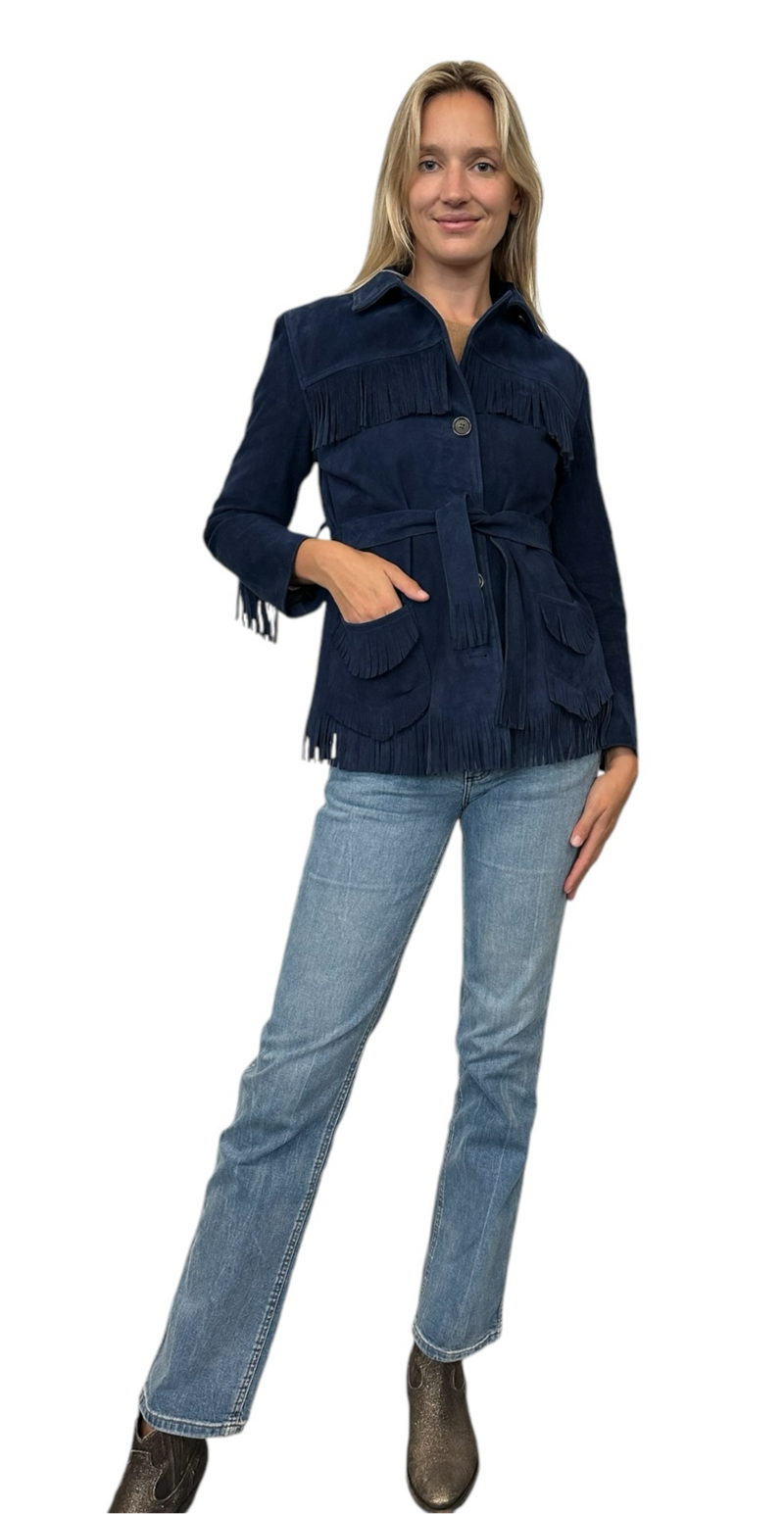 Navy Suede Fringe Jacket