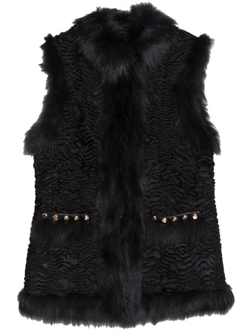Embossed Rabbit Vest with Stand Collar and Fox Trim