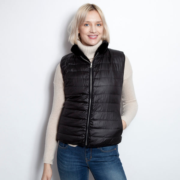 【極美品】TNRCN REVERSIBLE DOWN VEST BLACK M Reversible Down & Mink Vest With Mink Hood Navy/Navy – glamourpussnyc