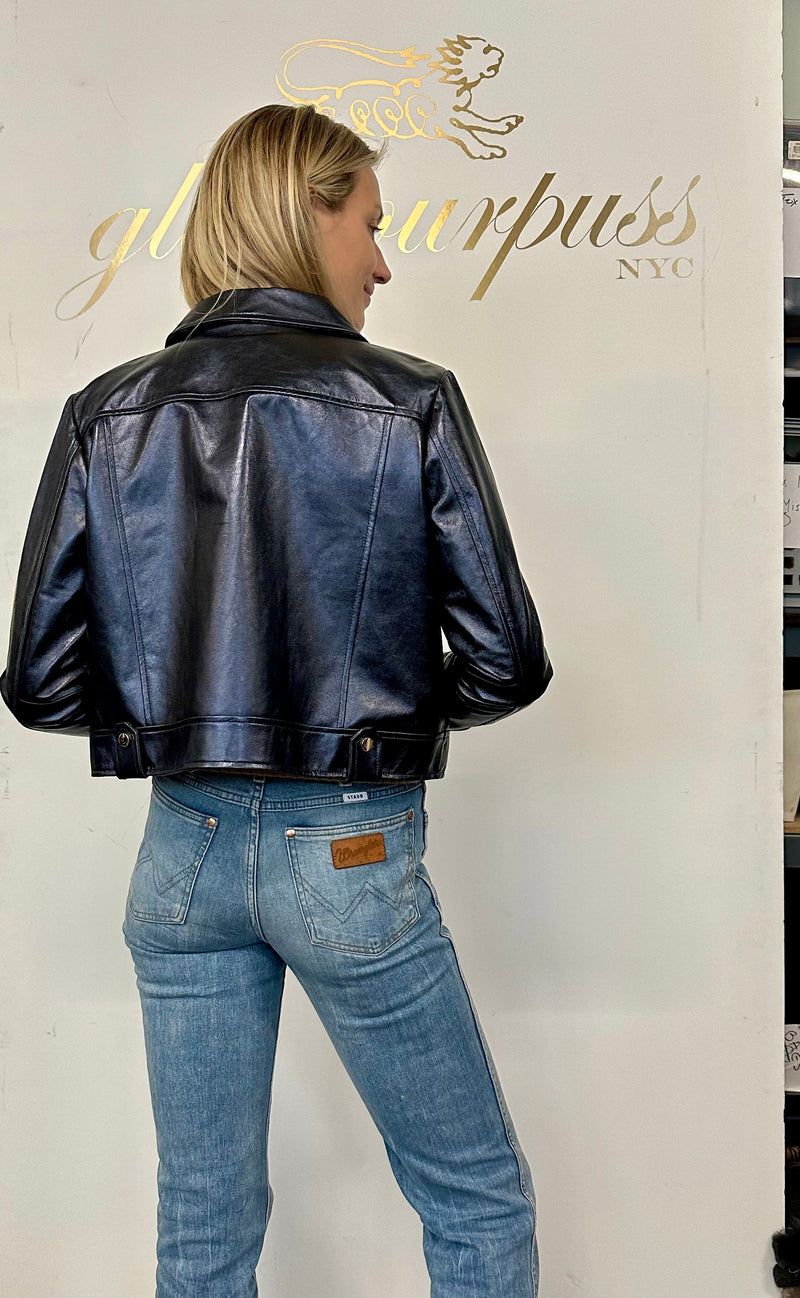 Navy Metallic Nappa Leather Jacket