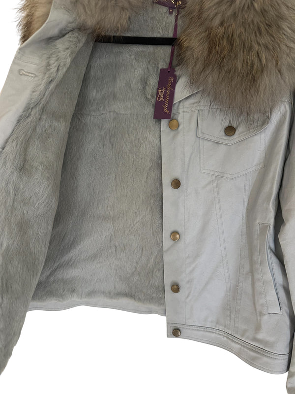 Gray Jean Jacket Lined with Rex and Fur Collar
