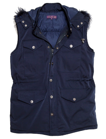 Navy Nylon Vest with Navy Fox Trimmed Hood