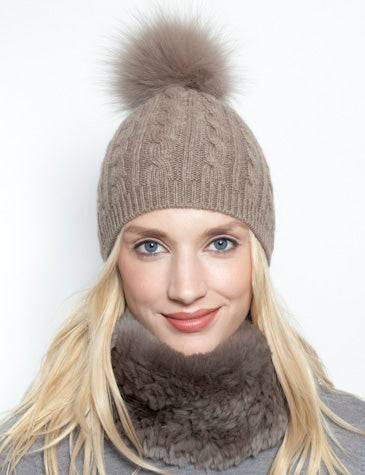 Wool Cable Knit Wool Beanie with Pom Pom