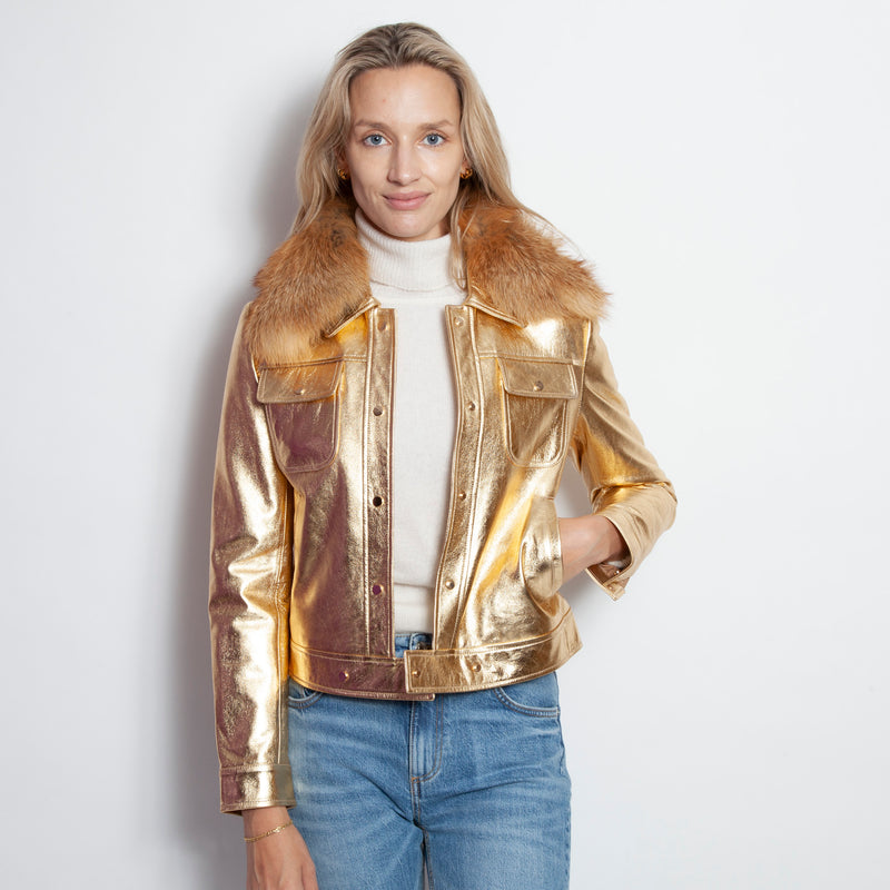 Metallic Nappa Gold Jean Jacket with Removable Collar