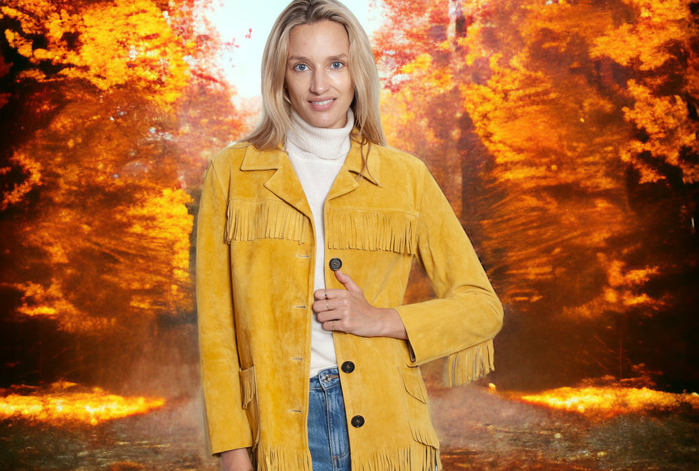 yellow suede fall jacket with fringe