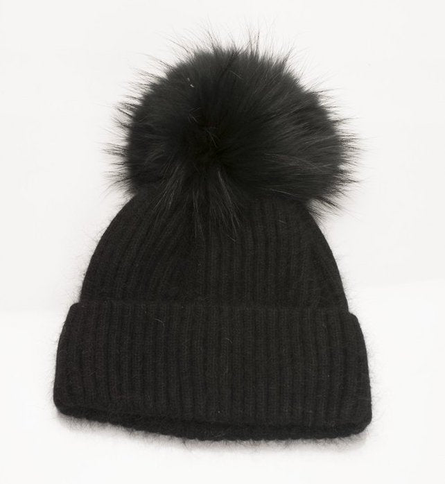 Snowball Angora Knit Hat (Gray or Navy)