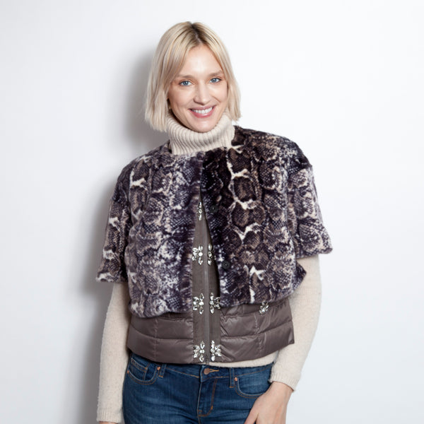 Cropped Collarless Faux Fur Snake Print Jacket