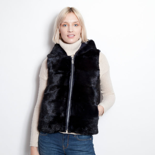 Reversible Down & Mink Vest With A Hood Navy/Navy