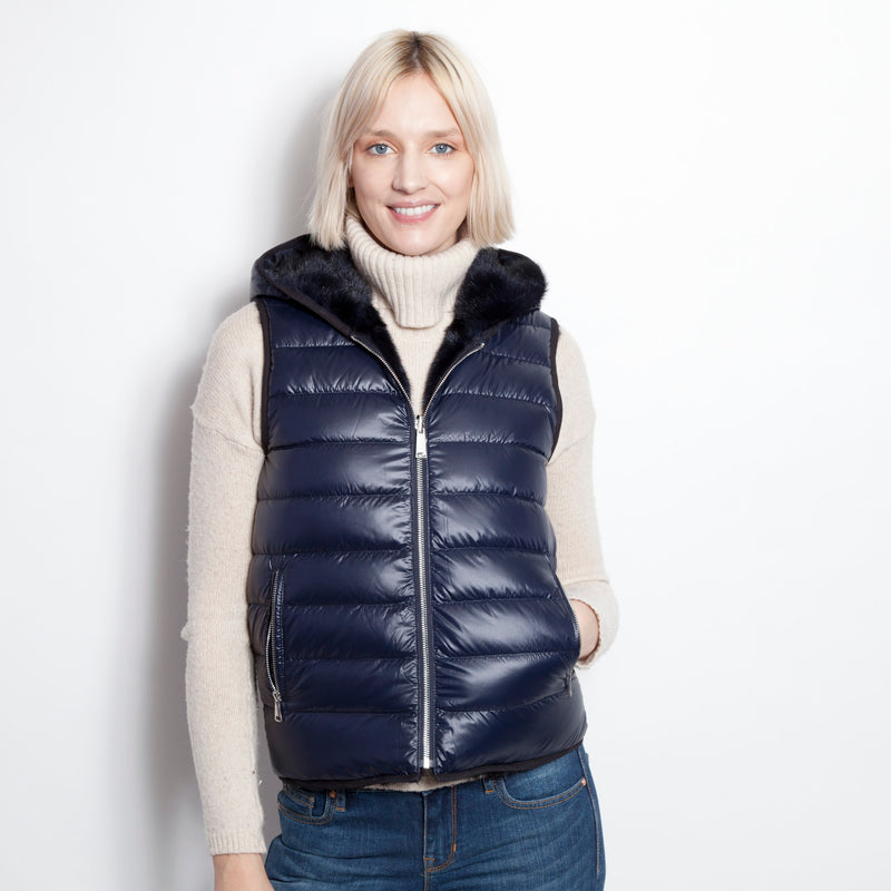 Reversible Down & Mink Vest With A Hood Navy/Navy