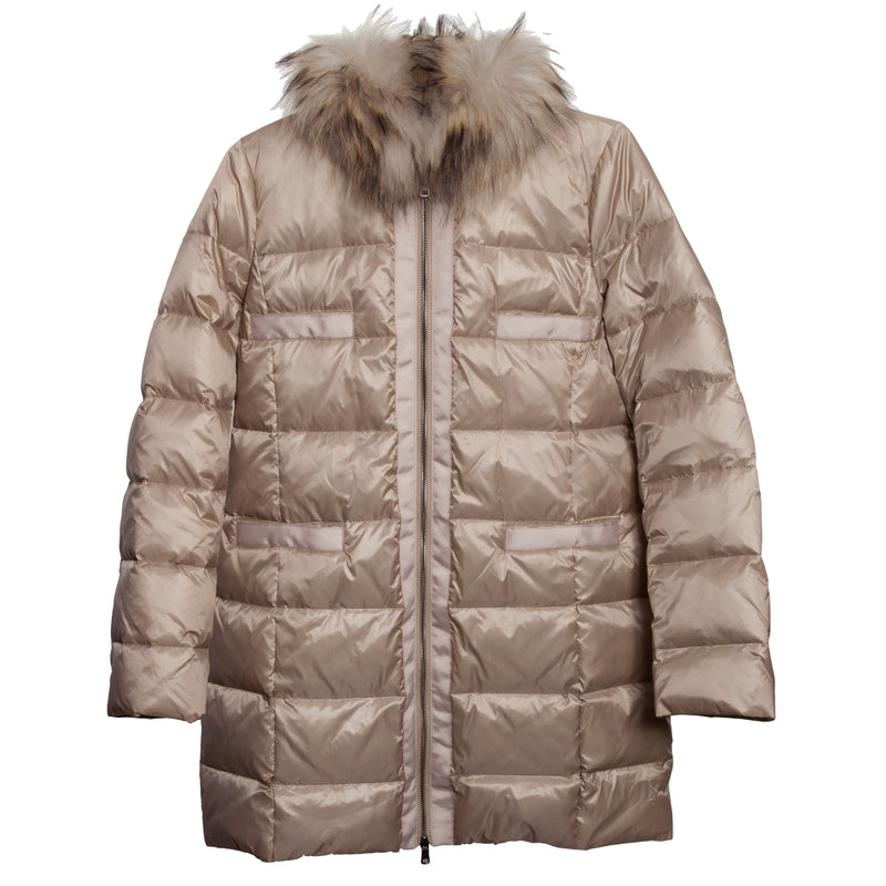 Long Down Puffer with Fox Collar in Beige or Navy